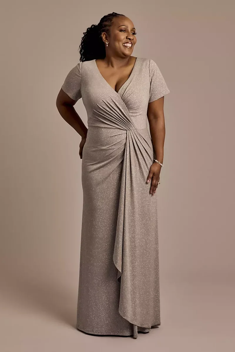 Oleg Cassini Twist Front Glitter Knit Sheath Dress in Taupe Size: 16W David's Bridal