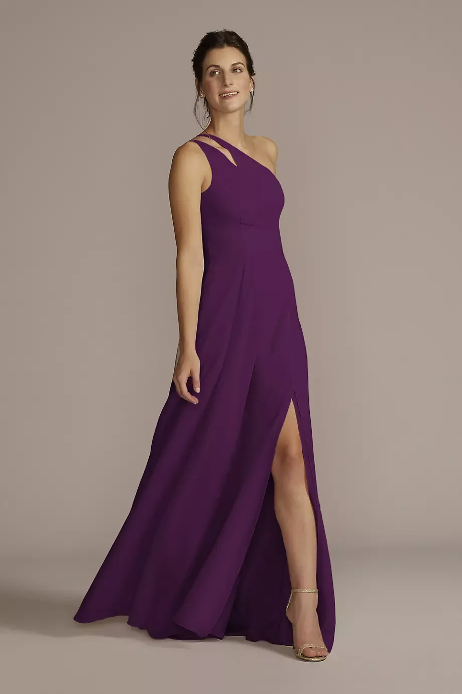 Celebrate DB Studio Tall Chiffon One-Shoulder Cutout Dress in Plum Size: 12 David's Bridal