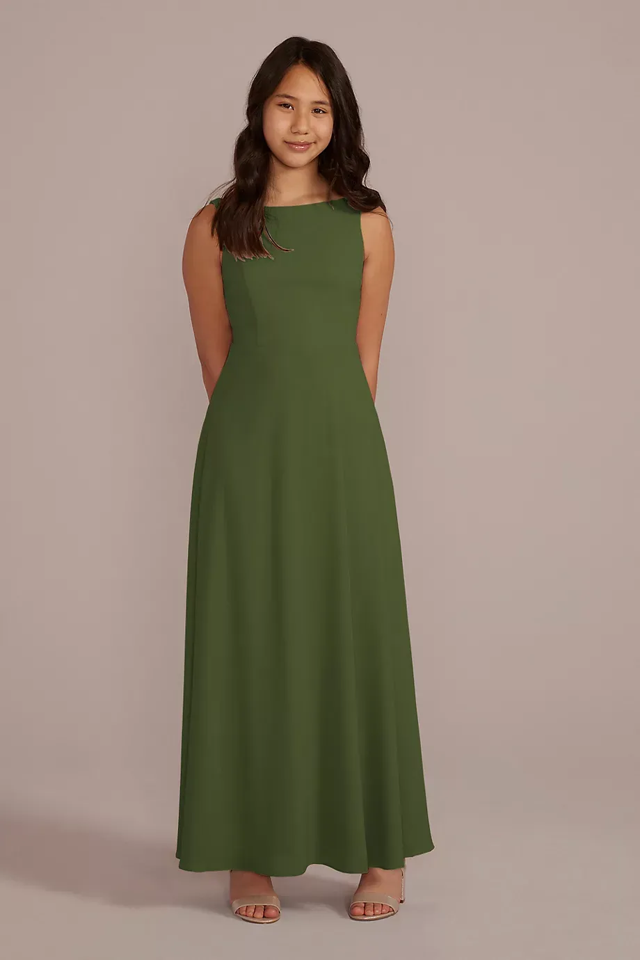 Celebrate DB Studio Chiffon Junior Bridesmaid Dress With Tie Back in Martini Olive Size: 12 David's Bridal