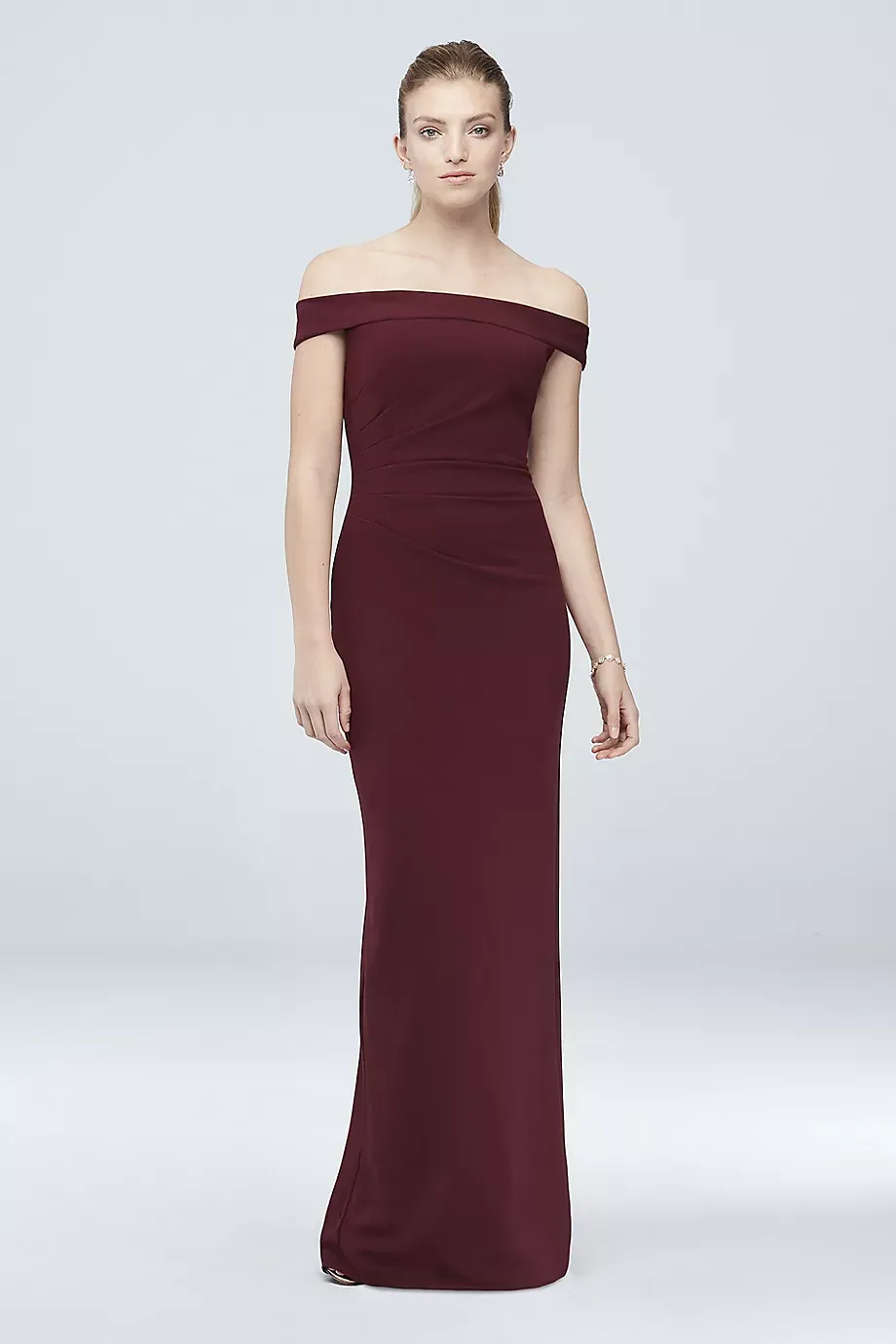 DB Studio Off-The-Shoulder Stretch Crepe Ruched Dress in Cabernet Size: 12 David's Bridal