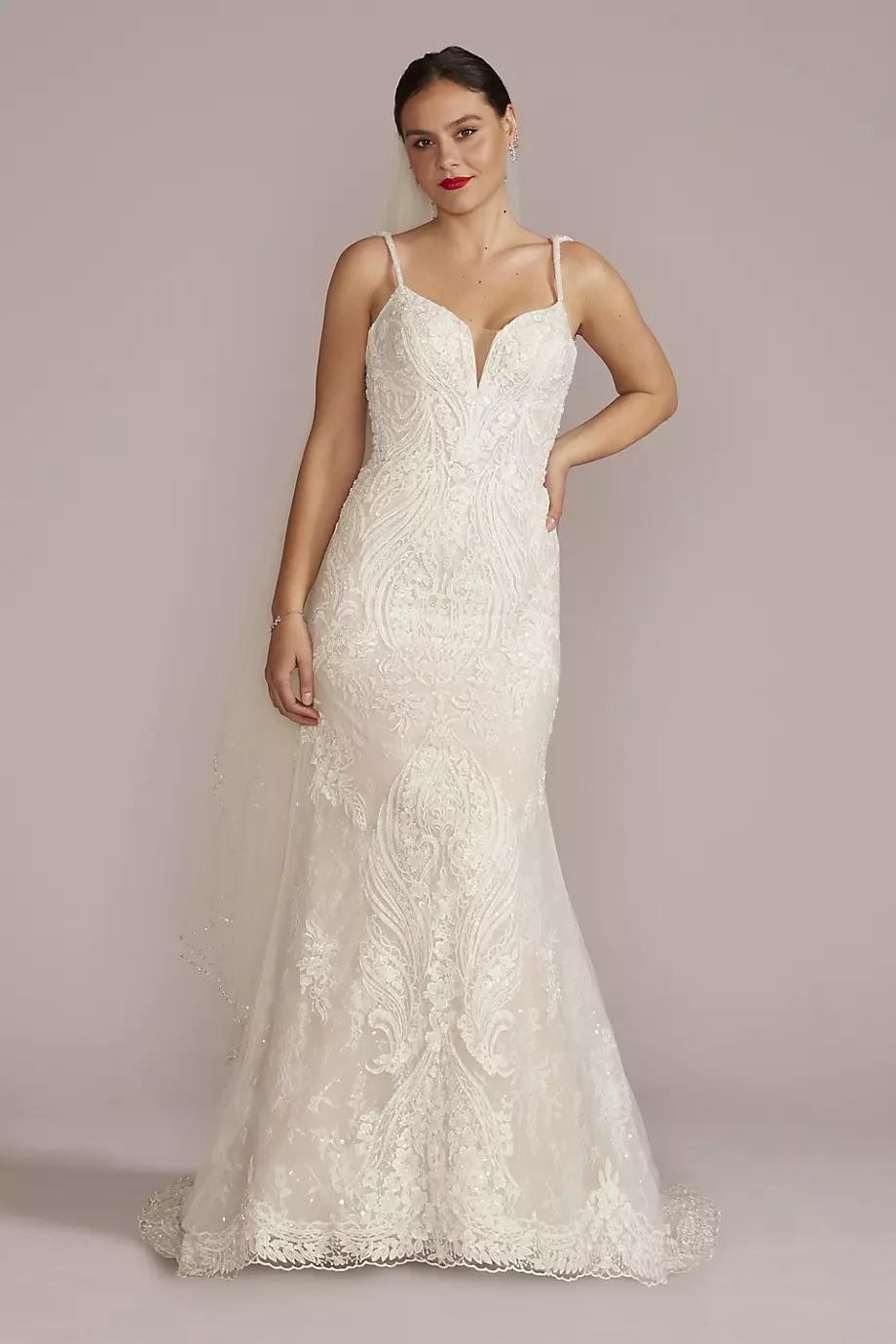 As Is Strappy Allover Beaded Mermaid Wedding Dress in Ivory/Bisque Size: 10 David's Bridal