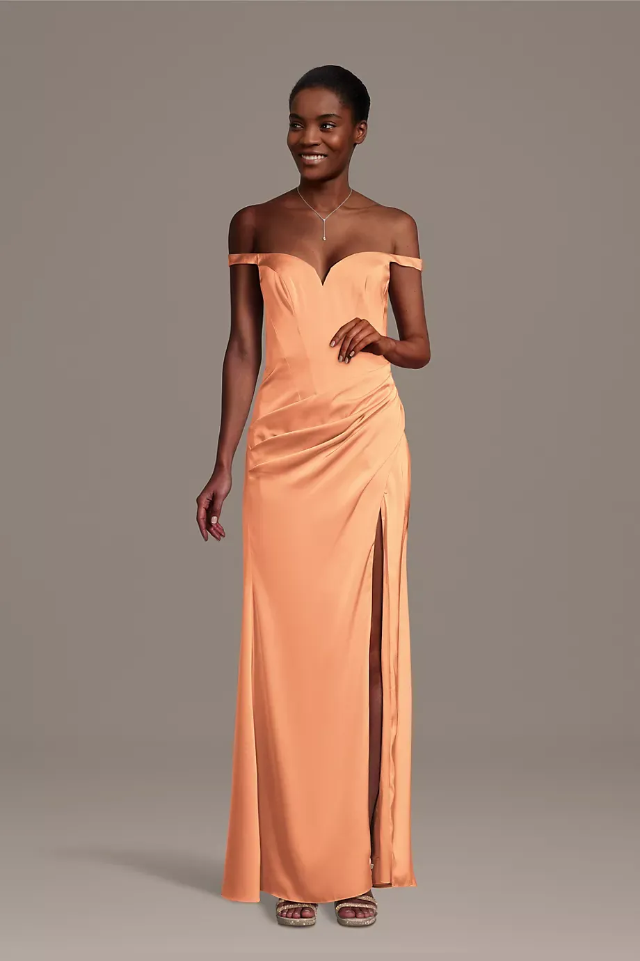 Galina Signature Matte Satin Drop Waist Off-The-Shoulder Dress in Orange Sorbet Size: Small David's Bridal