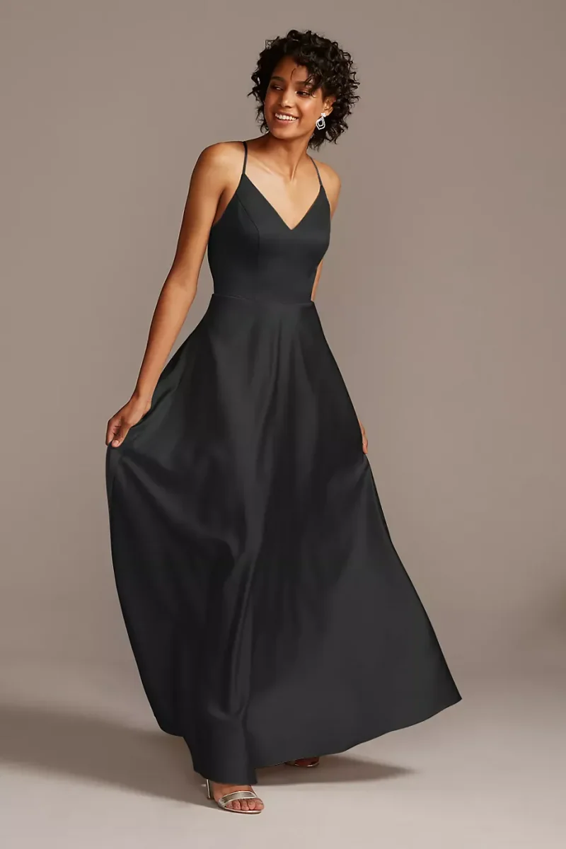 Celebrate DB Studio Spaghetti Strap Satin A-Line Long Bridesmaid Dress in Black Size: 12 David's Bridal