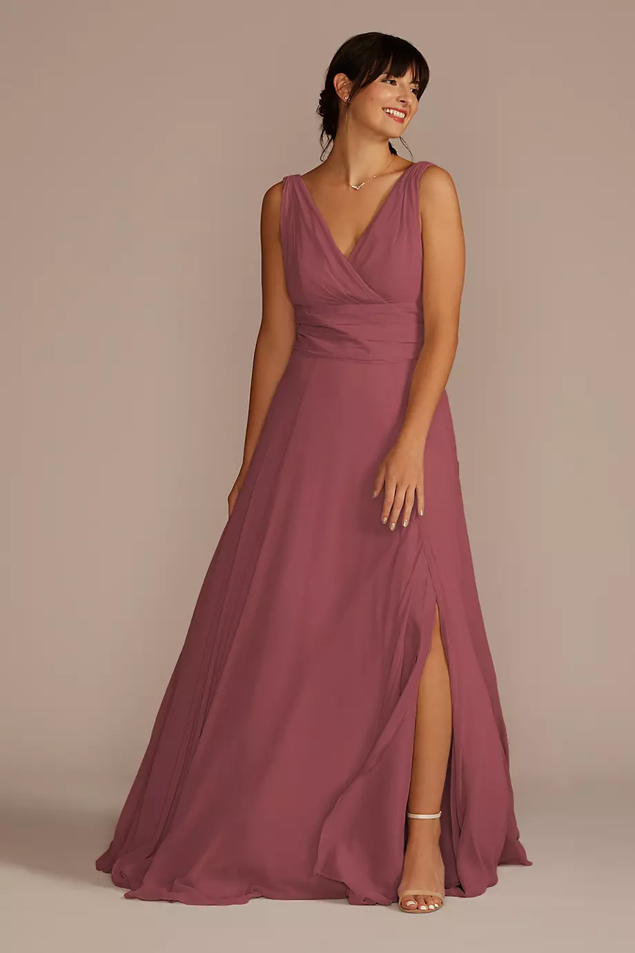 Celebrate DB Studio Long Chiffon Surplice Tank Dress in Chianti Size: 0 David's Bridal