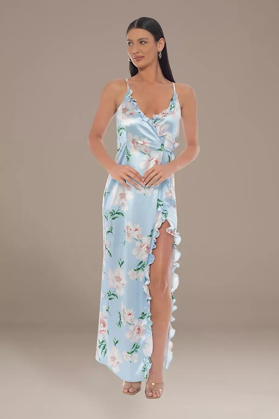 Jump V-Neck Floral Print Ruffle Sheath Dress in Blue Multi Size: 8 David's Bridal