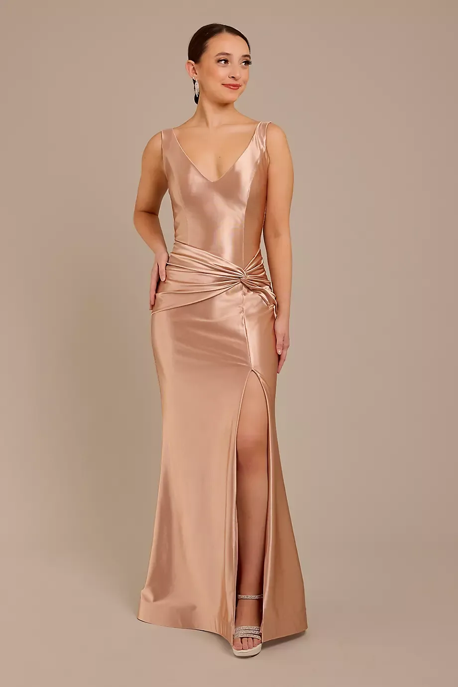 Galina Signature Sculpting Satin Tank Knot Dress in Sand Size: 4 David's Bridal