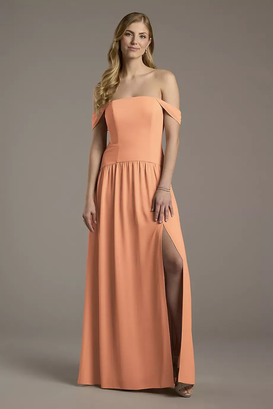Celebrate DB Studio Chiffon Curved Drop Waist Off-The-Shoulder Dress in Terracotta Size: 6 David's Bridal