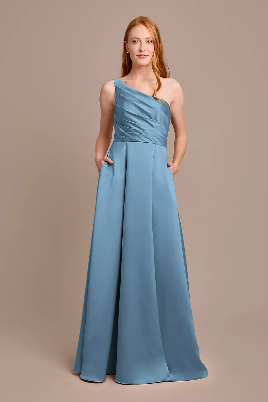 Celebrate DB Studio Satin One-Shoulder A-Line Pleated Dress in Lake Size: 4 David's Bridal
