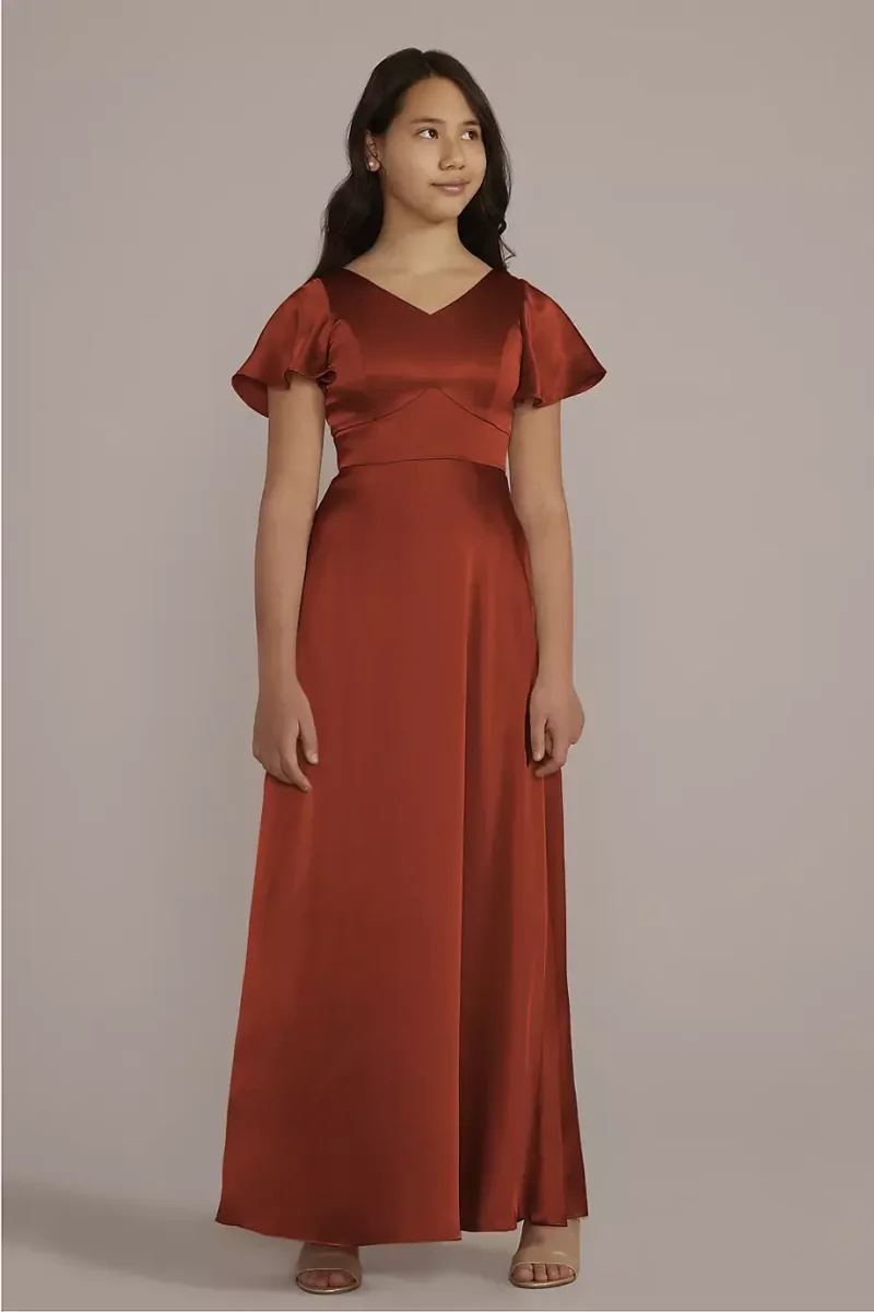 Galina Signature Charmeuse Flutter Sleeve Junior Bridesmaid Dress in Cinnamon Size: 12 David's Bridal