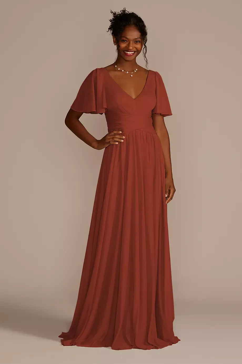Celebrate DB Studio Flutter Sleeve Crisscross Mesh Dress in Cinnamon Size: 28 David's Bridal