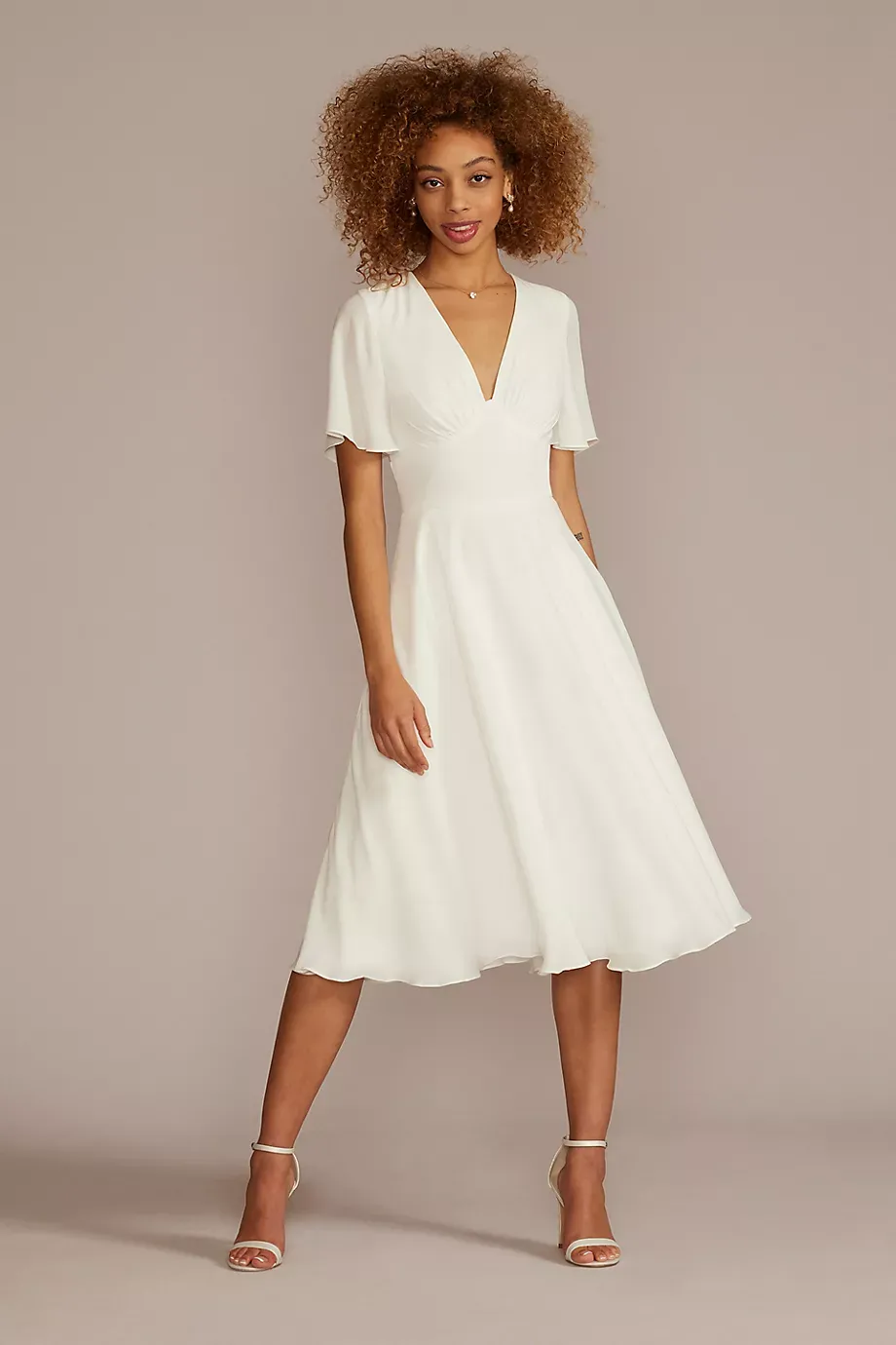 DB Studio Chiffon Flutter Sleeve Midi-Length Dress in Soft White Size: 14 David's Bridal