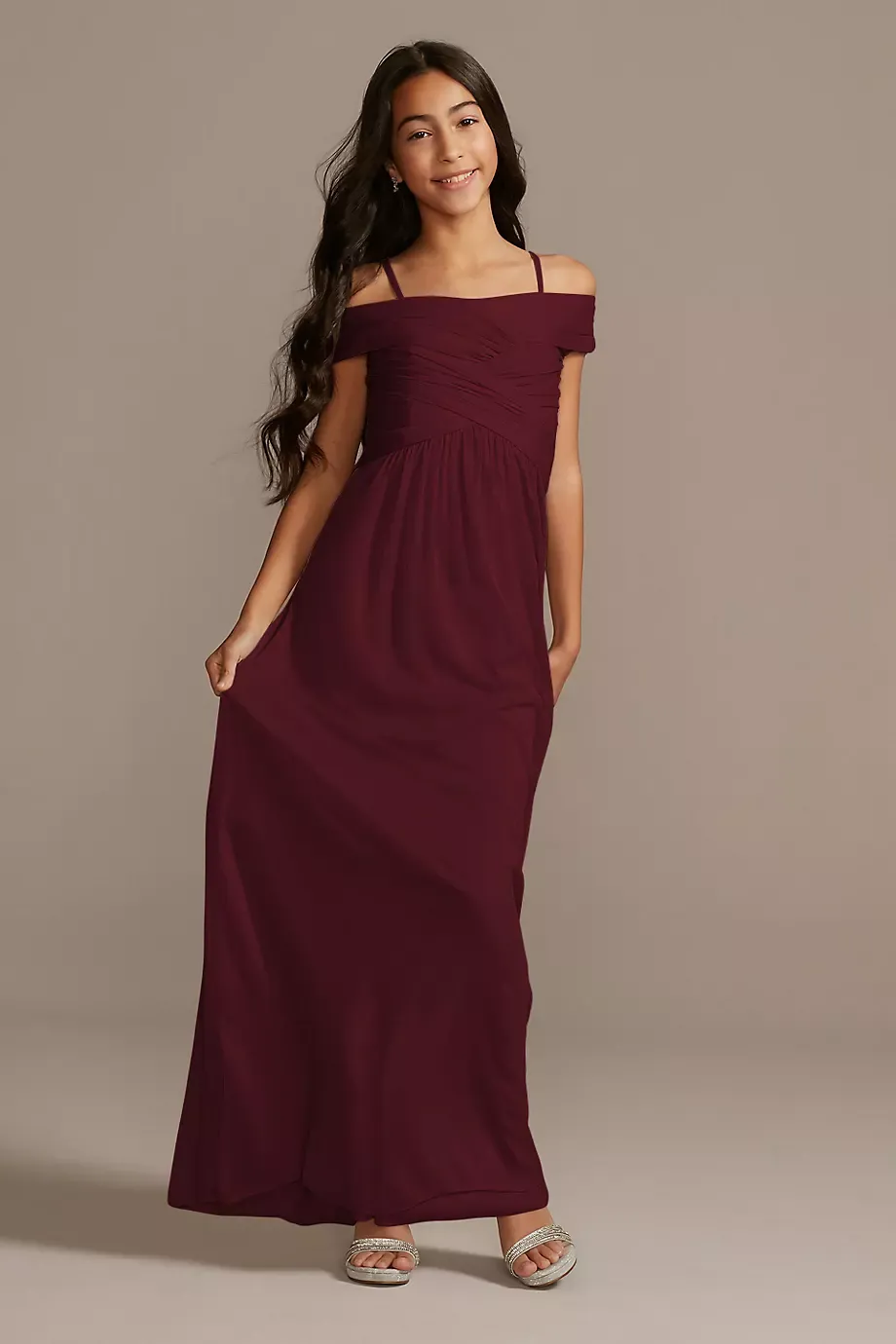 Celebrate DB Studio Crisscross Off-Shoulder Girls Dress in Wine Size: 10 David's Bridal