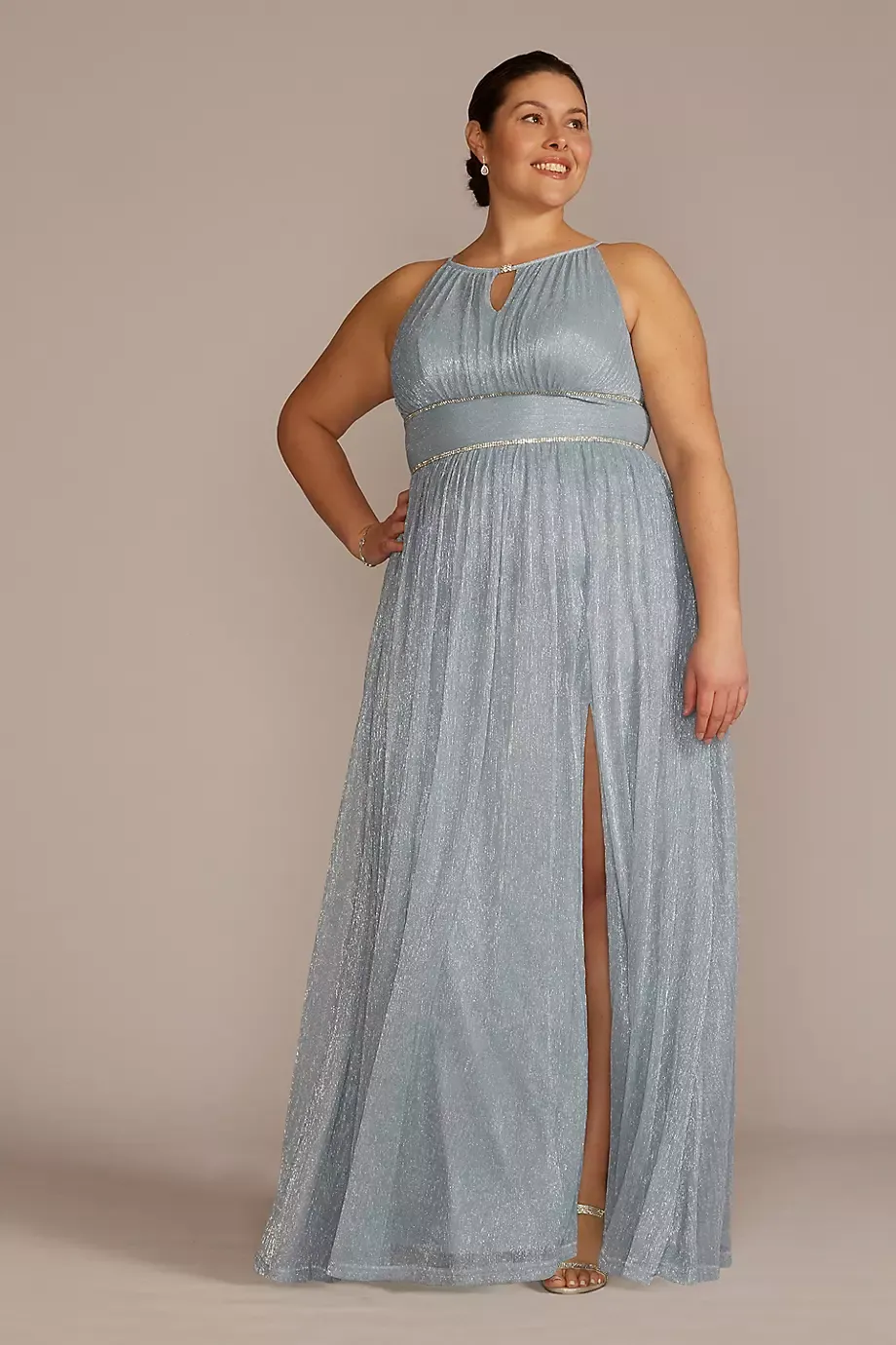 Oleg Cassini Plus Size Pleated Long Halter Dress With Keyhole in Light Blue Size: 14W David's Bridal