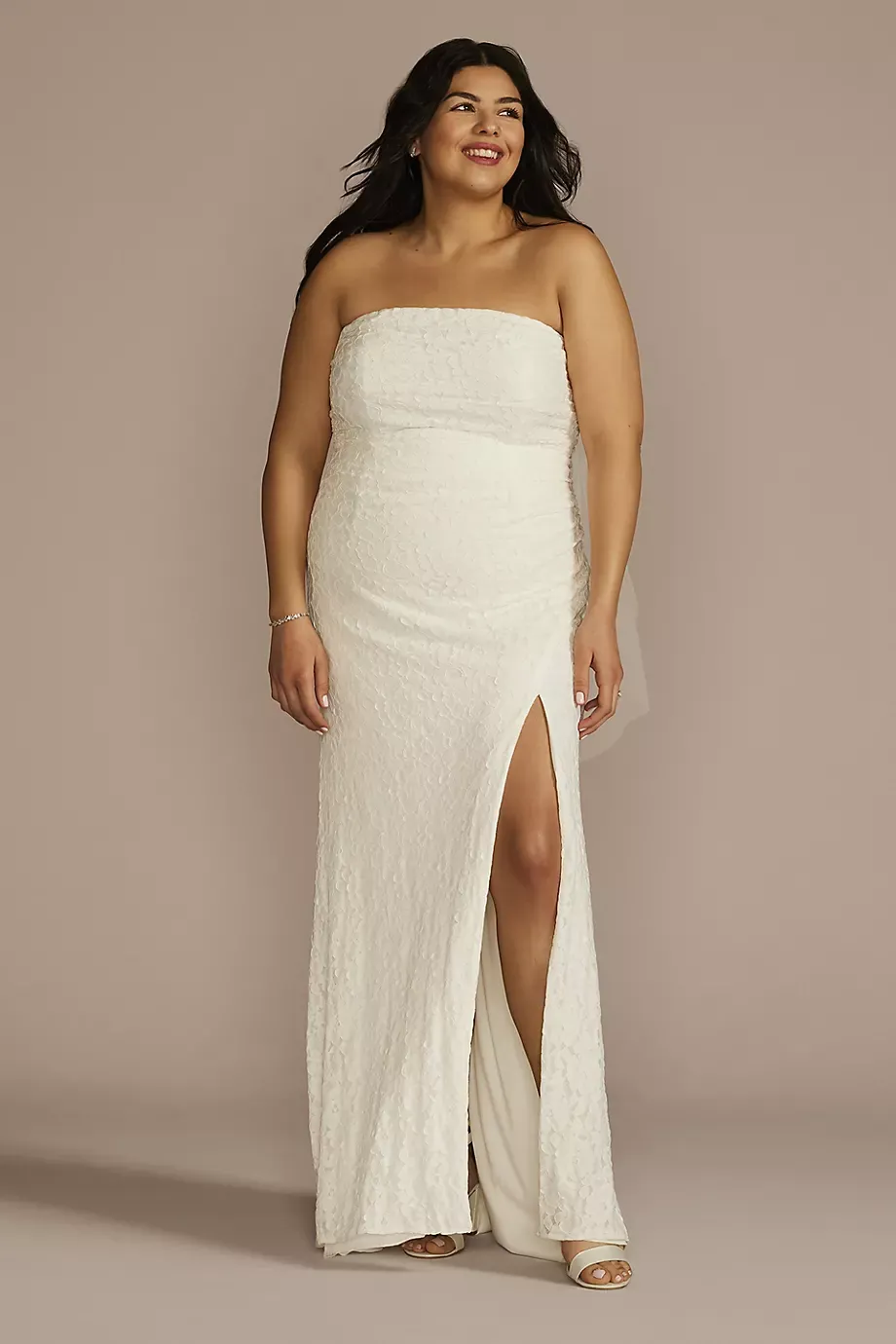 DB Studio Allover Lace Strapless Sheath Wedding Dress in Soft White Size: 26W David's Bridal