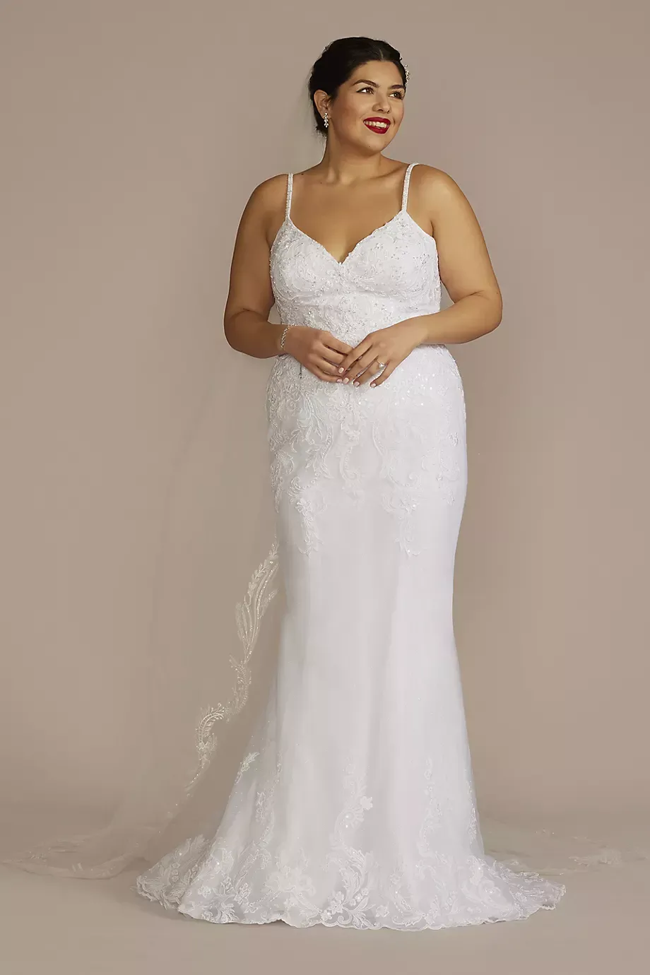 Oleg Cassini Appliqued Lace-Up Spaghetti Strap Wedding Dress in Solid White Size: 26W David's Bridal