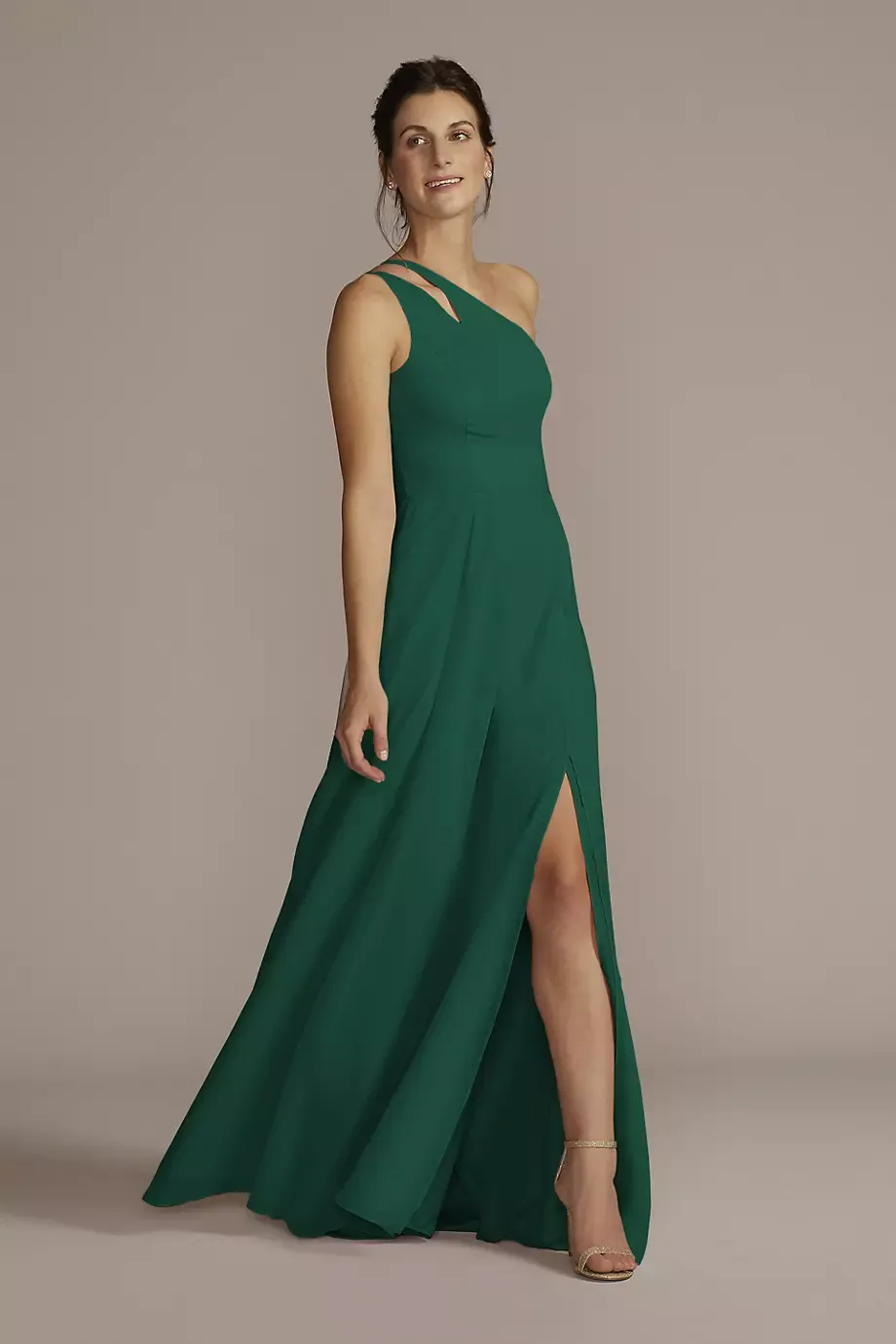 Celebrate DB Studio Tall Chiffon One-Shoulder Cutout Dress in Juniper Size: 0 David's Bridal