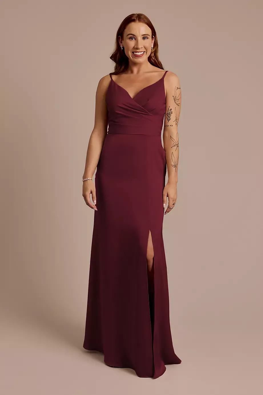 Celebrate DB Studio Matte Satin Spaghetti Strap Surplice A-Line Dress in Wine Size: 20 David's Bridal