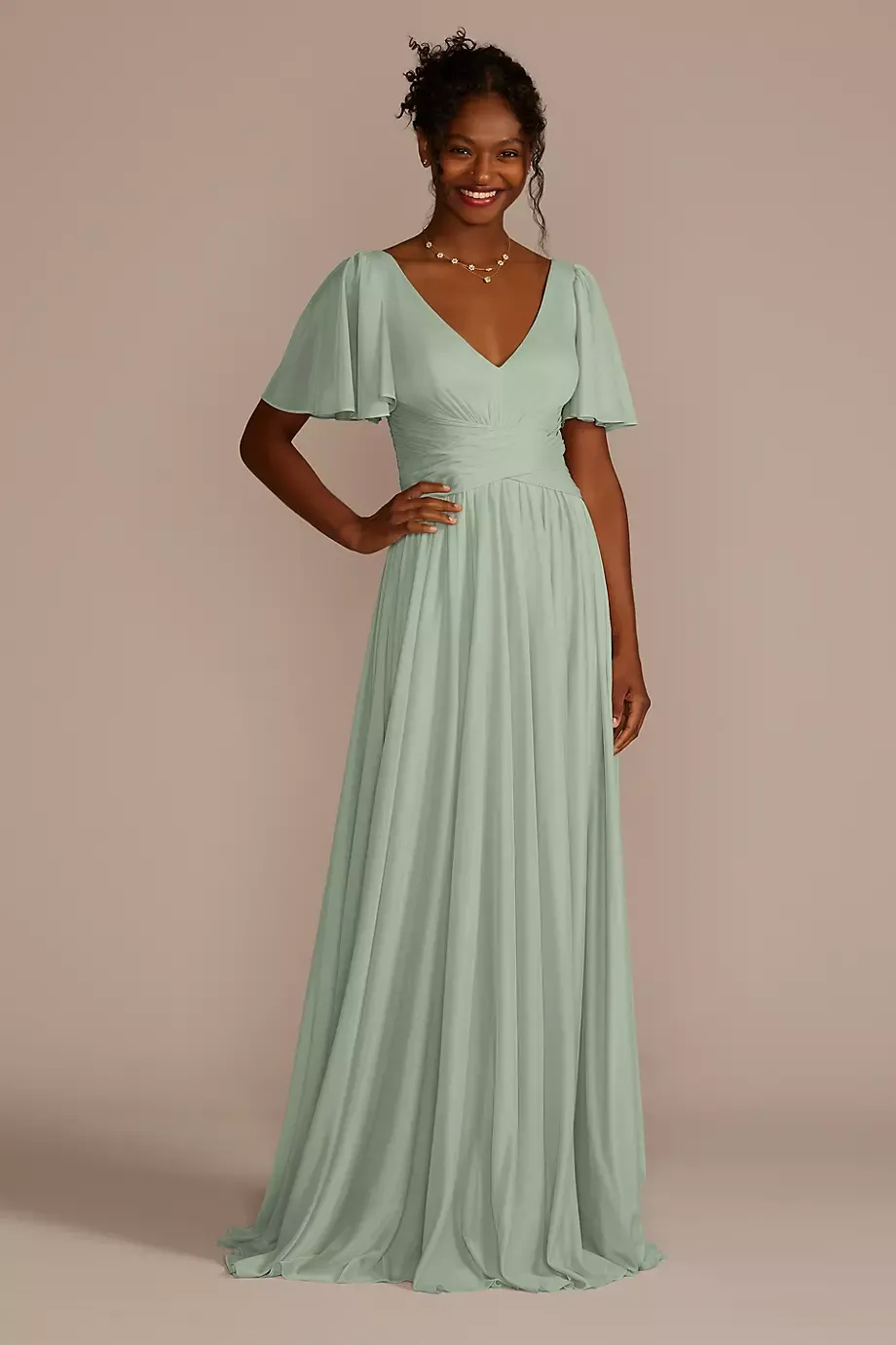 Celebrate DB Studio Flutter Sleeve Crisscross Mesh Dress in Dusty Sage Size: 28 David's Bridal