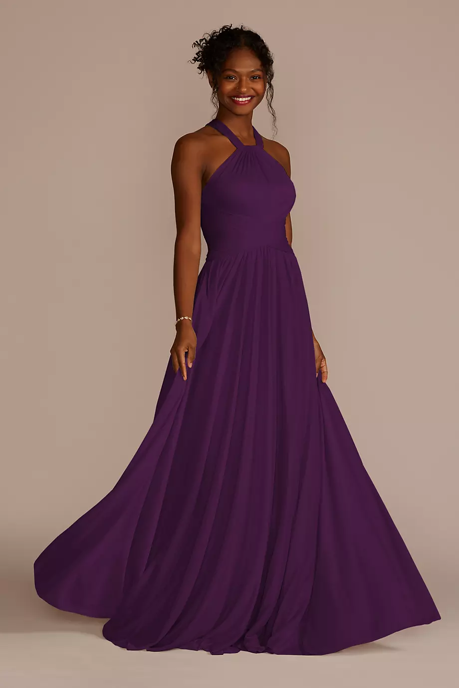 Celebrate DB Studio High-Neck Mesh Bridesmaid Dress With Full Skirt in Plum Size: 12 David's Bridal