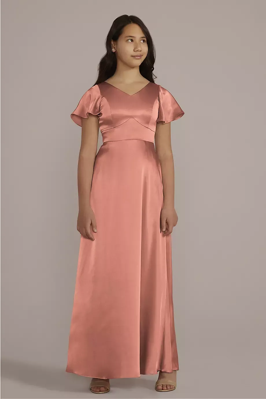Galina Signature Charmeuse Flutter Sleeve Junior Bridesmaid Dress in Desert Coral Size: 14 David's Bridal