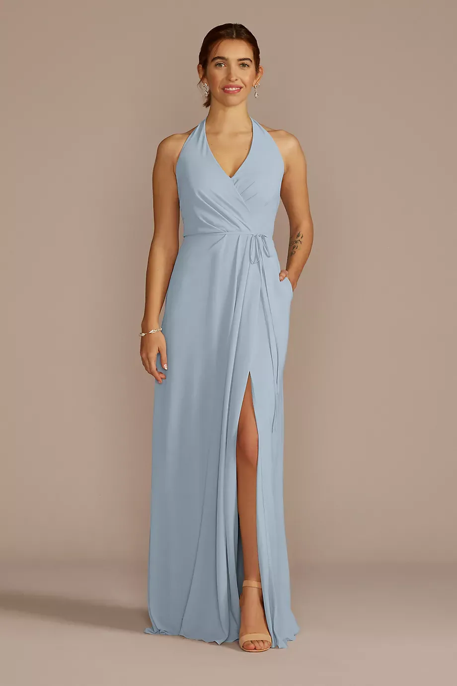 Celebrate DB Studio Chiffon Halter Faux Wrap A-Line Dress in Dusty Blue Size: 26 David's Bridal