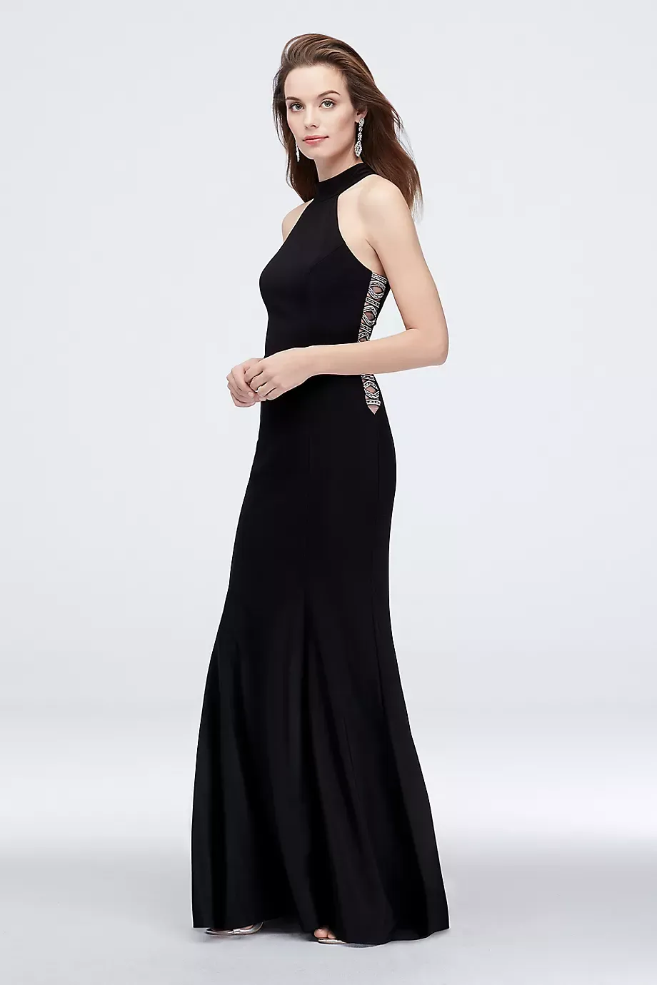 Xscape High-Neck Jersey Sheath Dress With Beaded Cutouts in Black Size: 4 David's Bridal