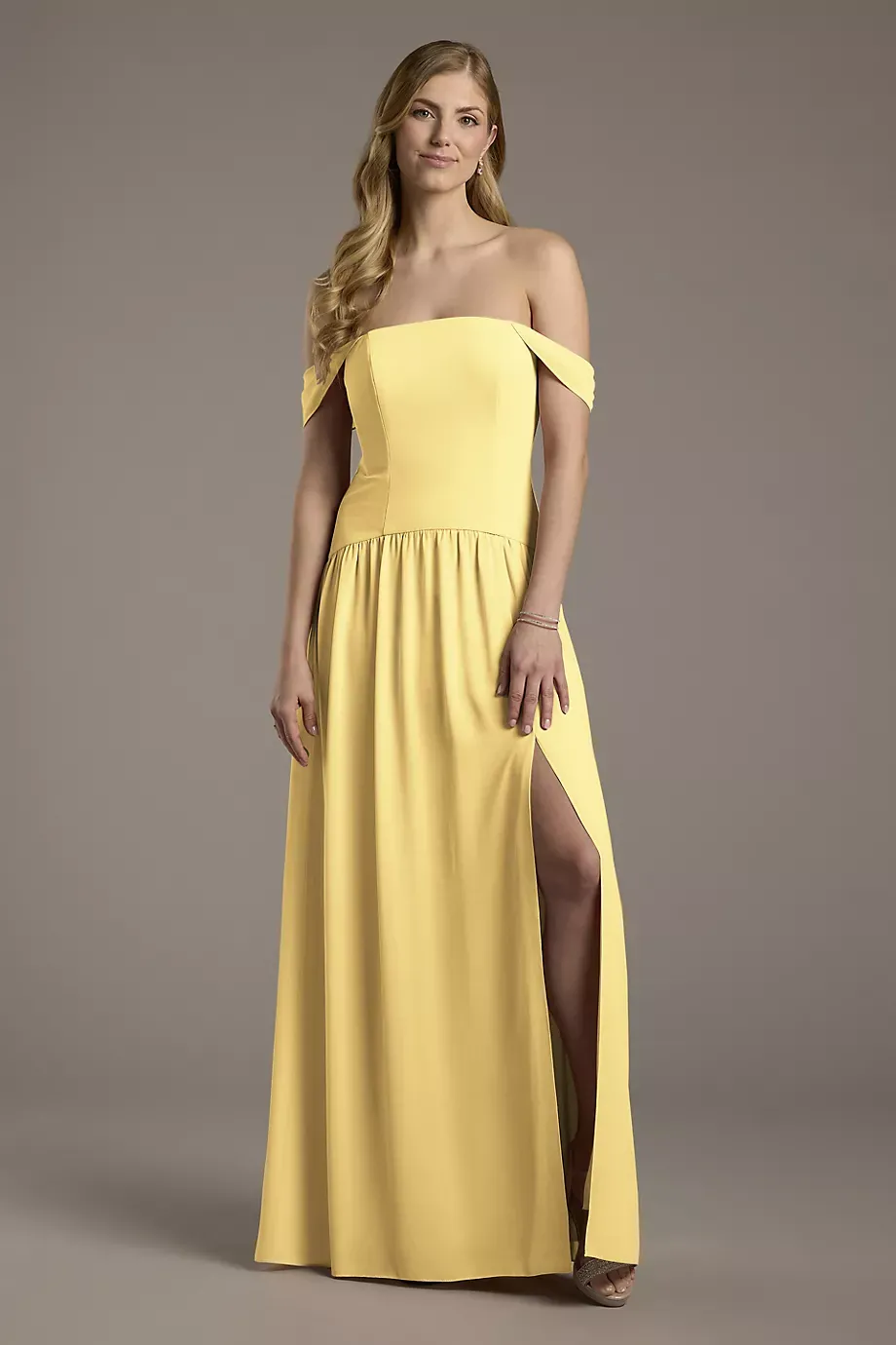 Celebrate DB Studio Chiffon Curved Drop Waist Off-The-Shoulder Dress in Pale Yellow Size: 6 David's Bridal
