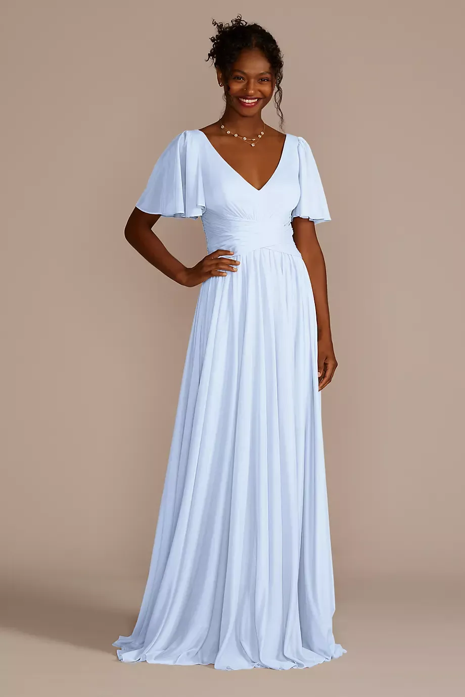Celebrate DB Studio Flutter Sleeve Crisscross Mesh Dress in Ice Blue Size: 2 David's Bridal