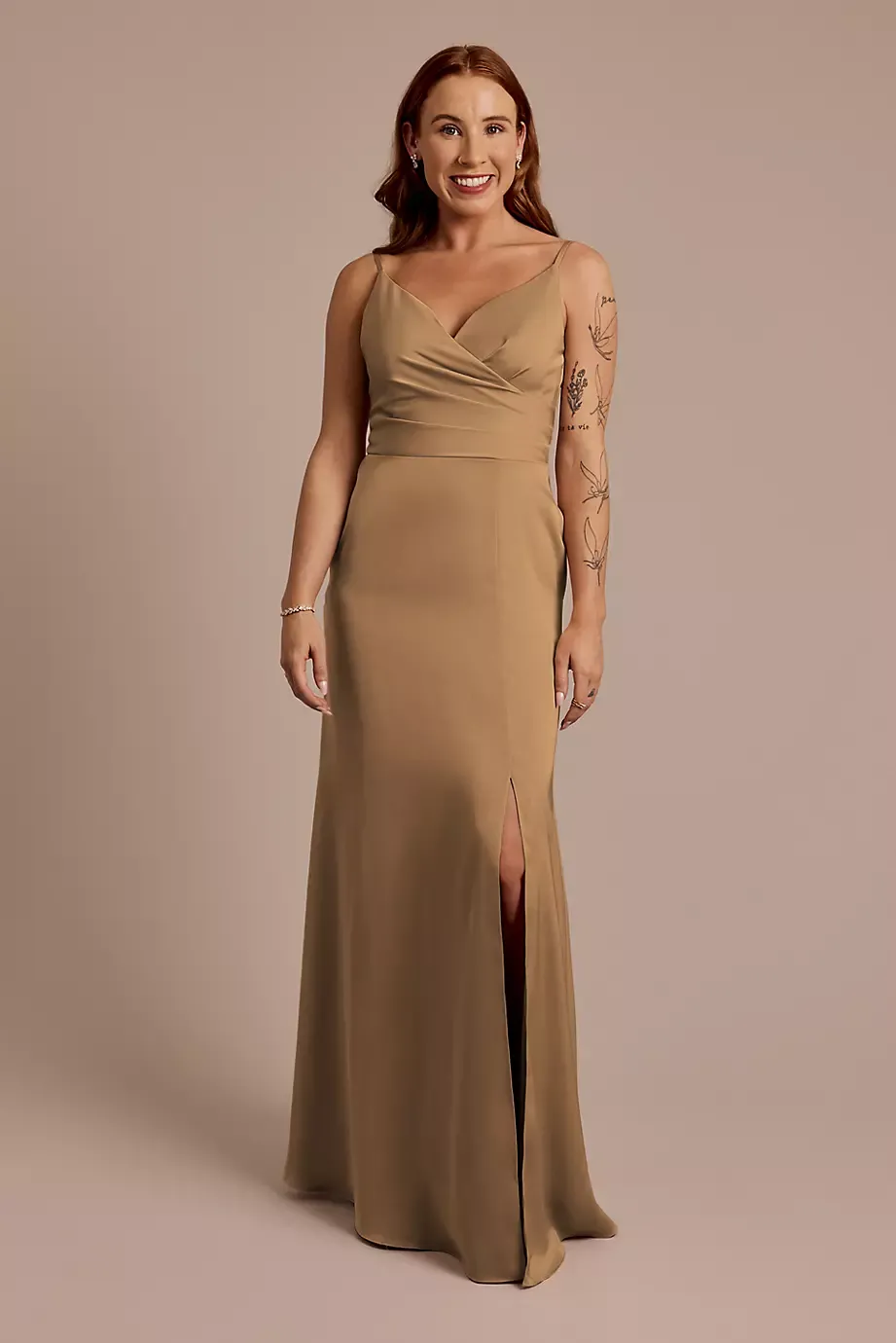 Celebrate DB Studio Matte Satin Spaghetti Strap Surplice A-Line Dress in Latte Size: 22 David's Bridal