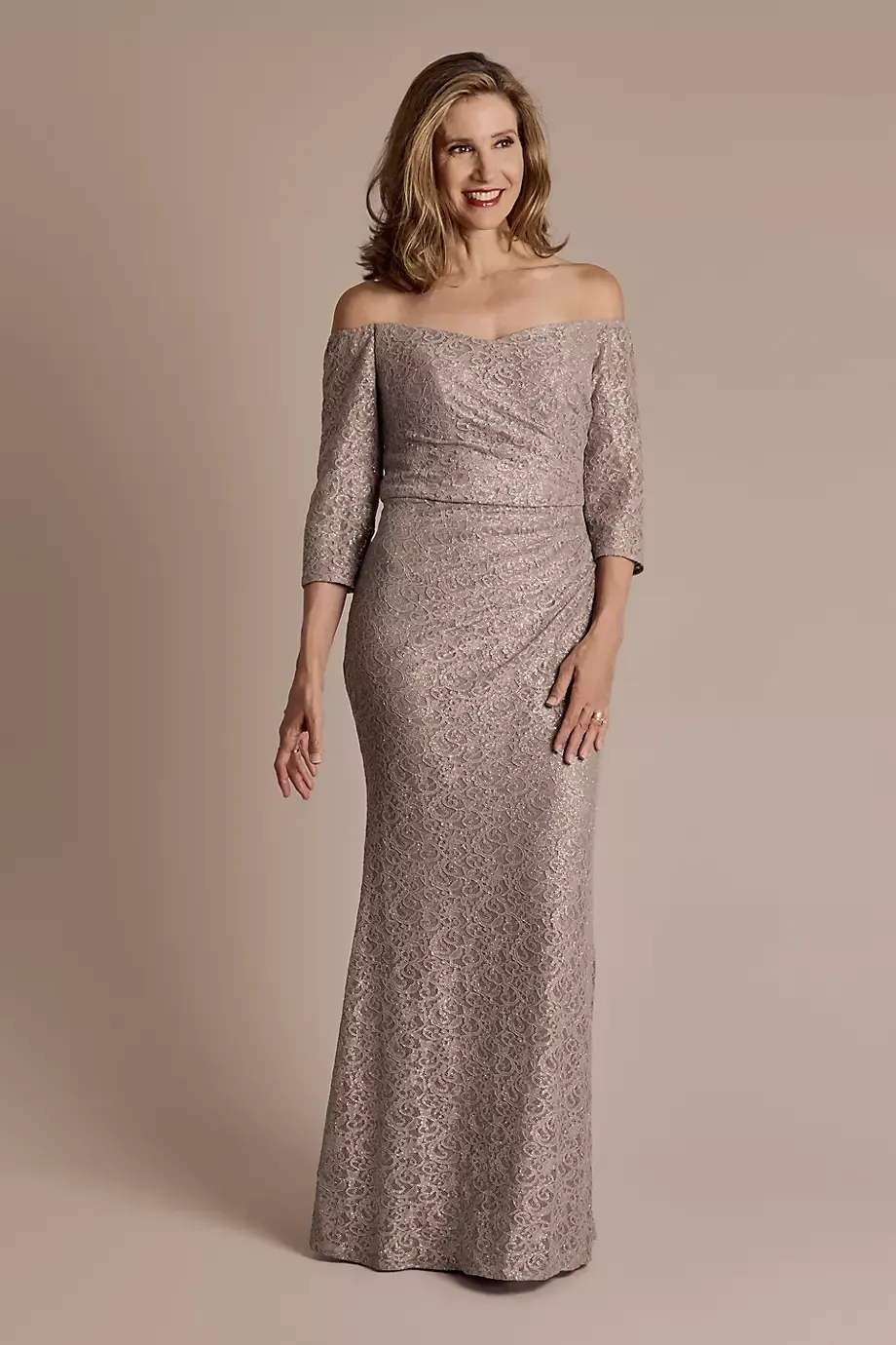 Oleg Cassini Off-The-Shoulder Three-Quarter Sleeve Lace Sheath Dress in Portobello Size: 2 David's Bridal