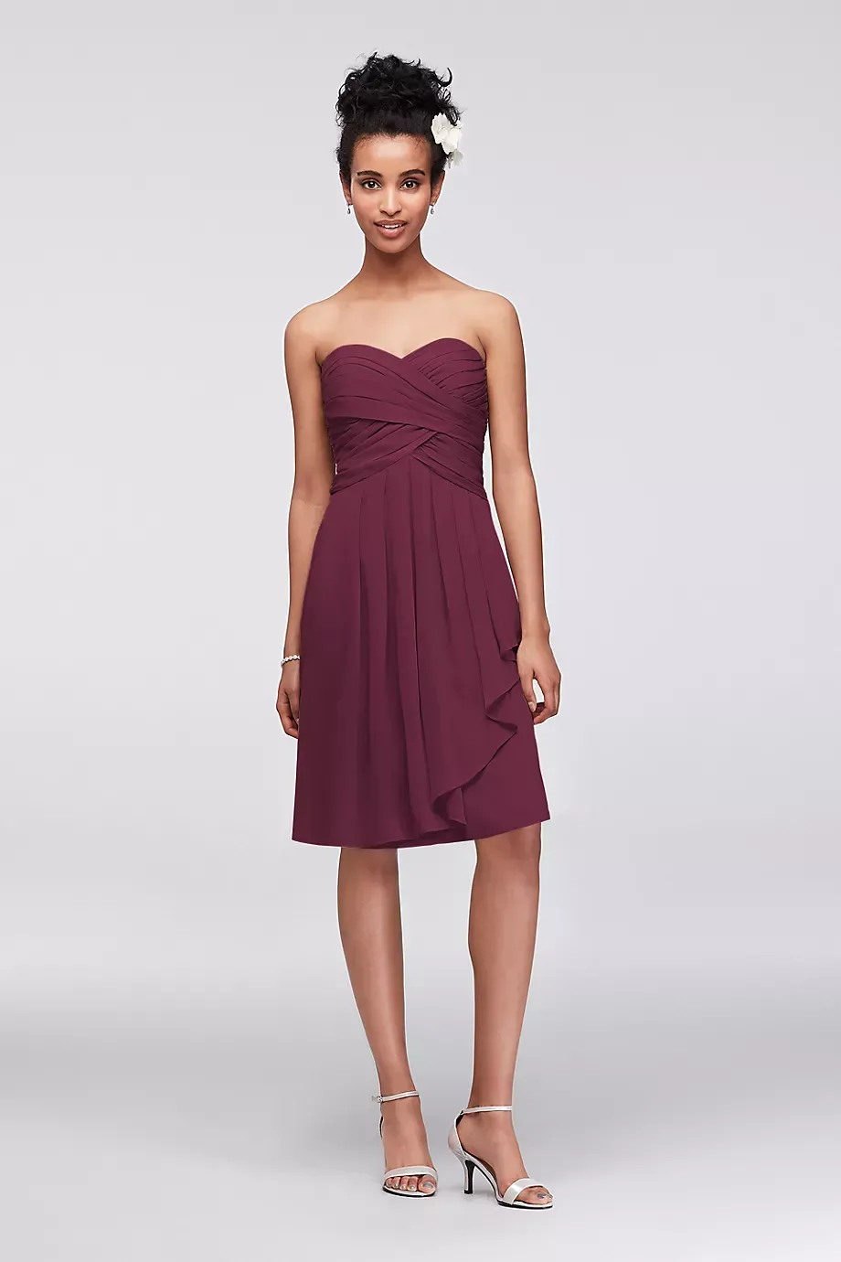 Short Crinkle Chiffon Dress With Front Cascade in Wine Size: 12 David's Bridal