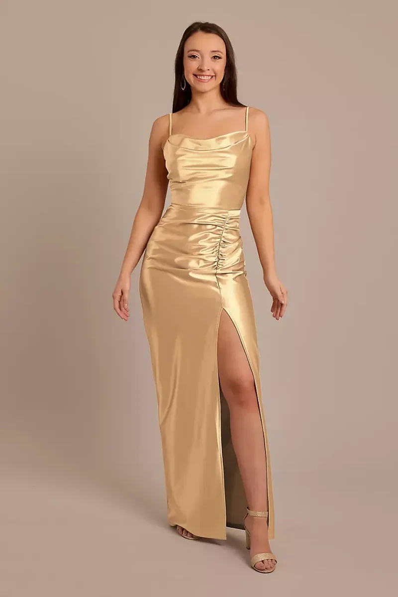 Celebrate DB Studio Sculpting Satin Cowl Neck Ruched Dress in Golden Size: 6 David's Bridal