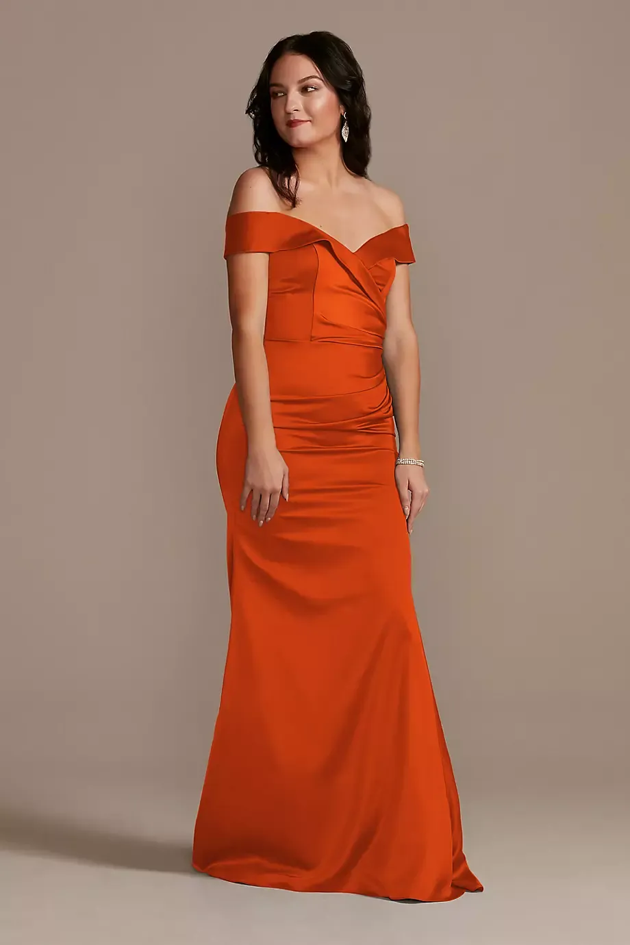 Galina Signature Satin Off-The-Shoulder Mermaid Dress in Sienna Size: 26 David's Bridal