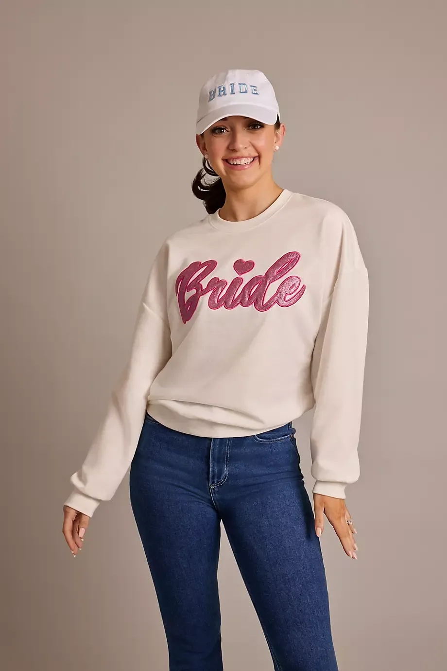 DB Studio Sparkle Bride Patch Crew-Neck Sweatshirt in White Size: Medium David's Bridal