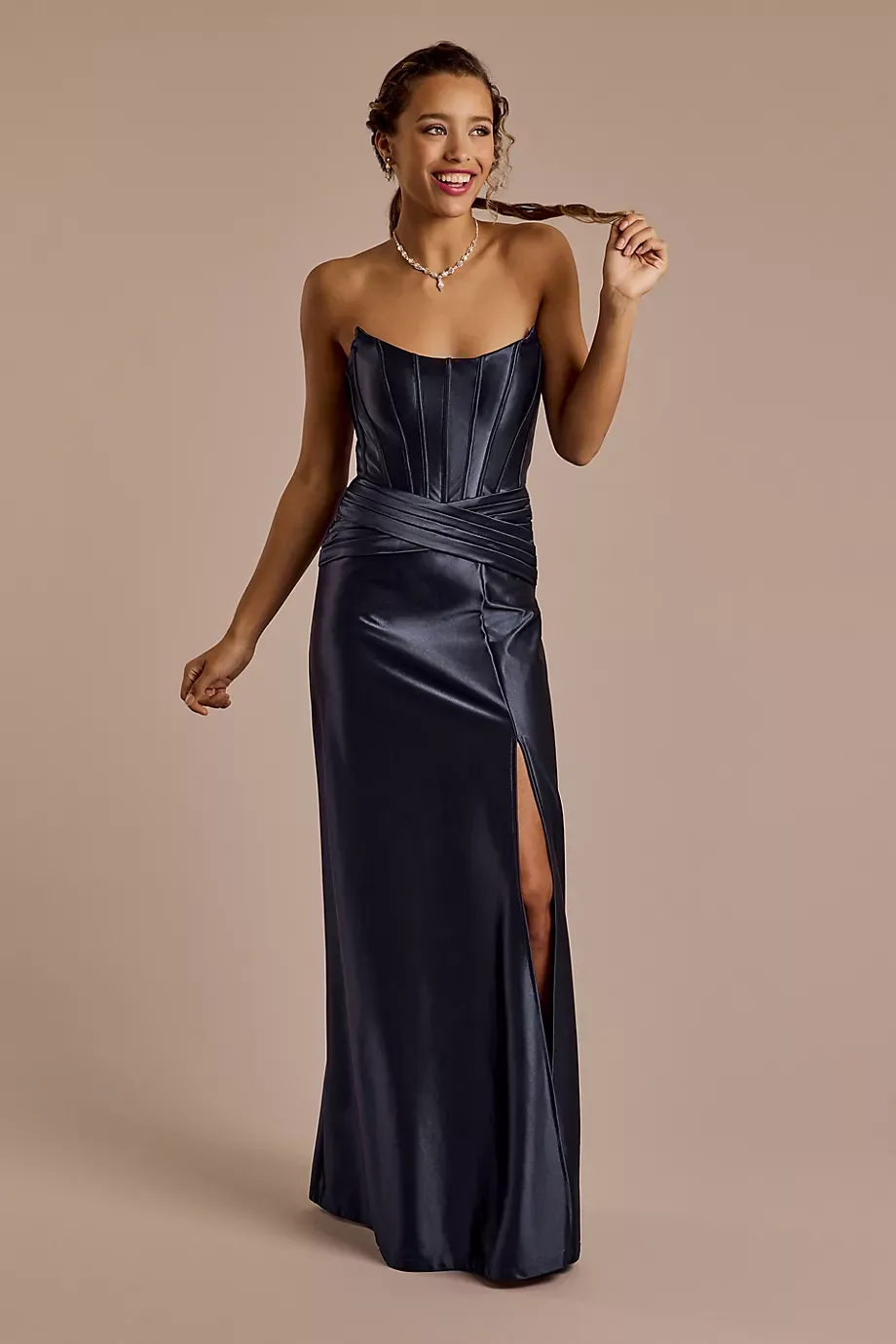 Jules and Cleo Sculpting Satin Corset Bodice A-Line Dress in Marine Size: 0 David's Bridal