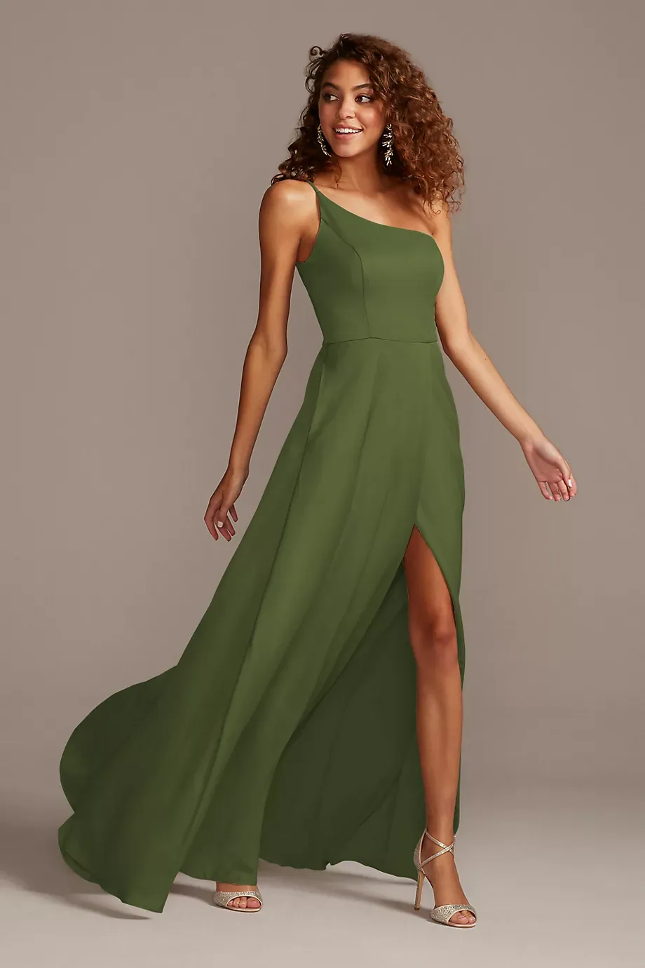 Celebrate DB Studio Crepe-Back Satin One-Shoulder Bridesmaid Dress in Martini Olive Size: 26 David's Bridal