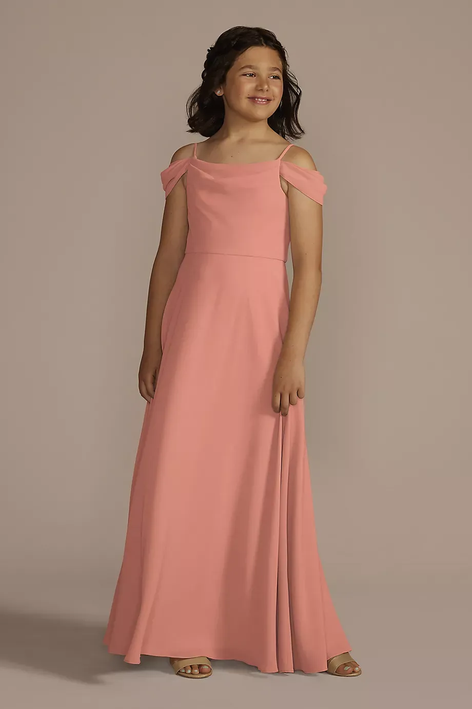 Celebrate DB Studio Chiffon Swag Sleeve Junior Bridesmaid Dress in Desert Coral Size: 18 David's Bridal