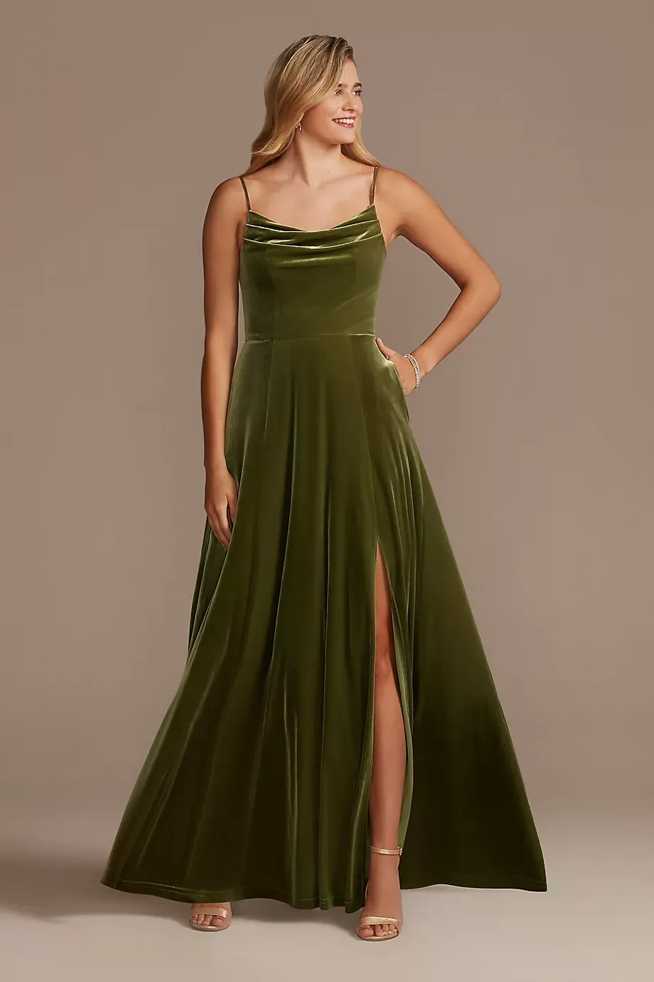 Celebrate DB Studio Velvet Cowl Neck Spaghetti Strap Dress in Martini Olive Size: 4 David's Bridal