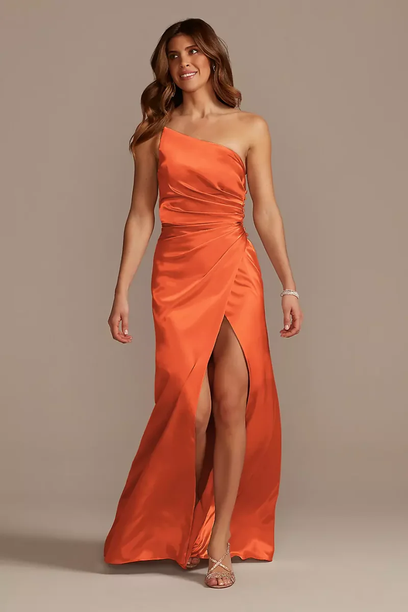 Galina Signature Tall Charmeuse One-Shoulder Dress in Sunset Coral Size: 24 David's Bridal