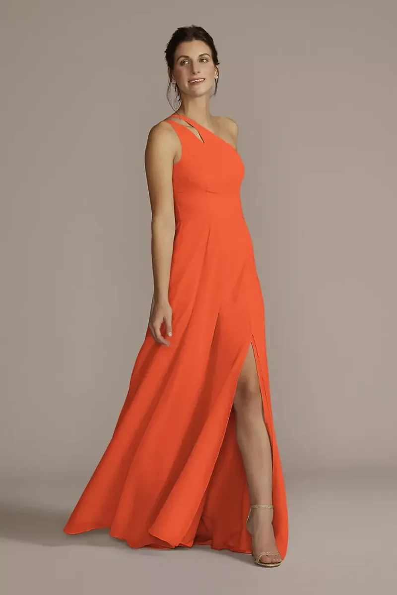 Celebrate DB Studio Chiffon One-Shoulder Cutout Dress in Sunset Coral Size: 24 David's Bridal