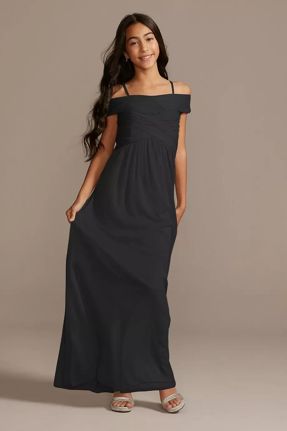 Celebrate DB Studio Crisscross Off-Shoulder Girls Dress in Black Size: 18 David's Bridal