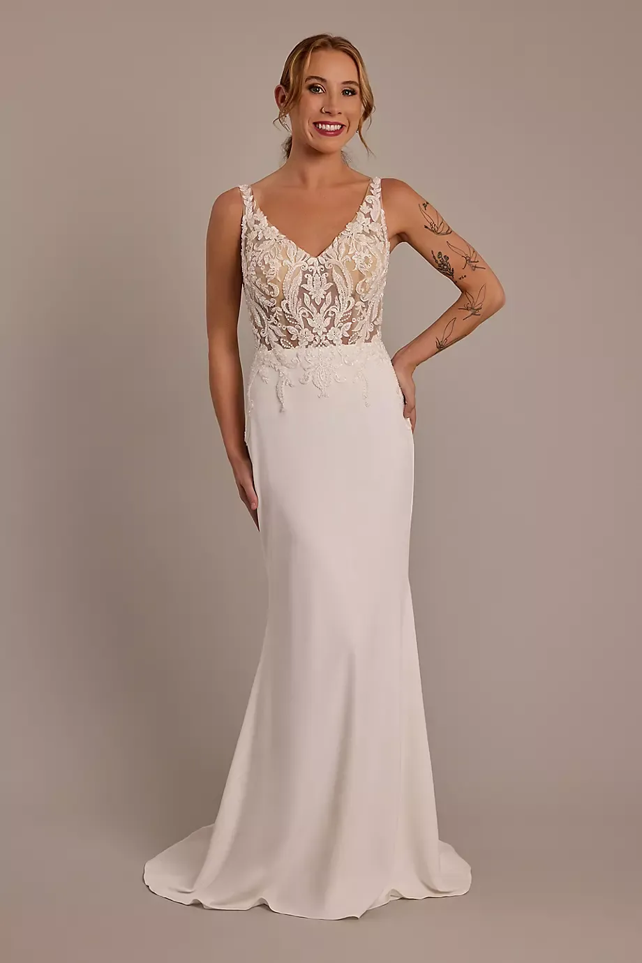 Galina Signature Illusion Lace Bodice Crepe Tank Wedding Dress in Ivory Size: 10P David's Bridal
