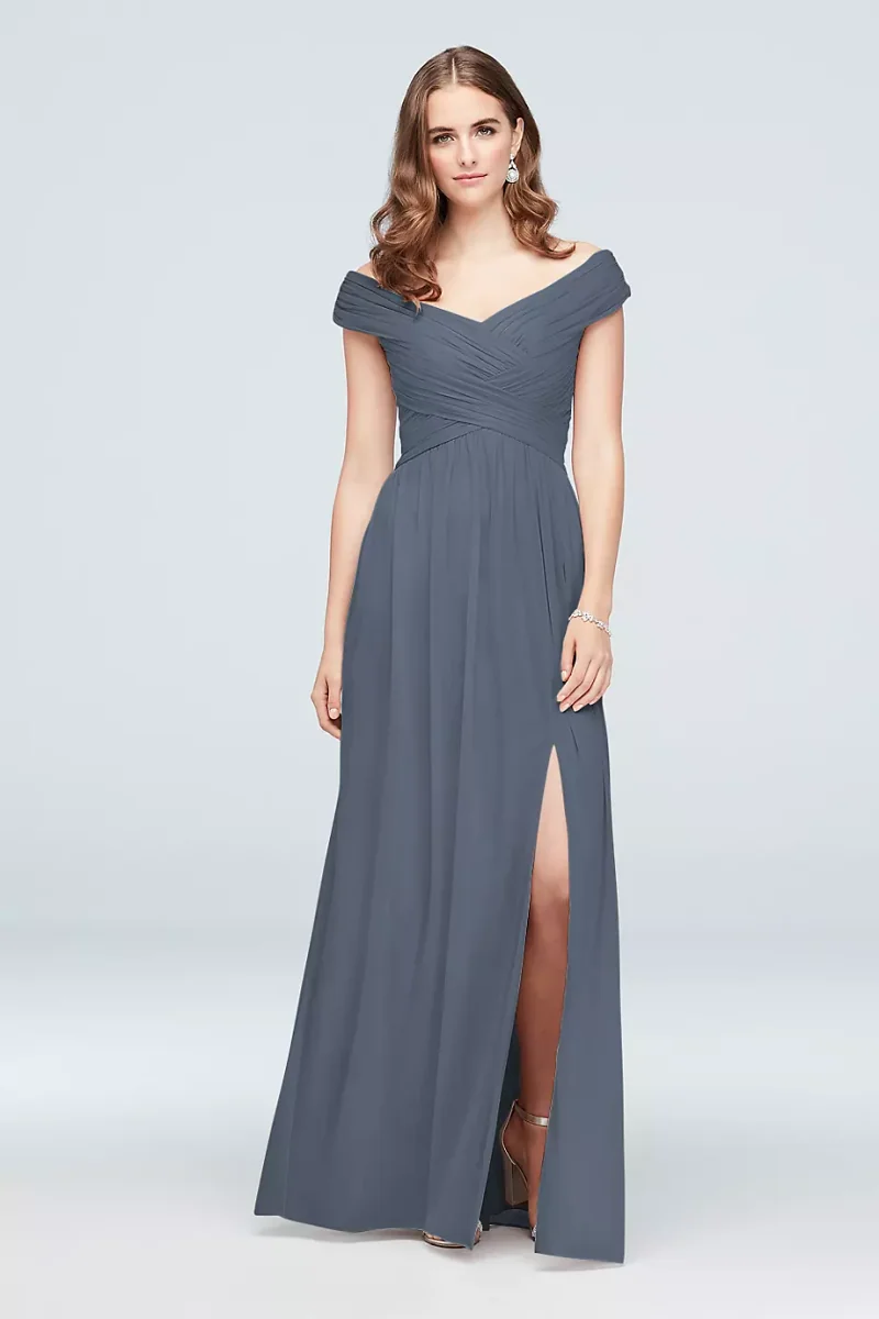 Celebrate DB Studio Off-The-Shoulder Mesh Tall Bridesmaid Dress in Steel Blue Size: 12 David's Bridal