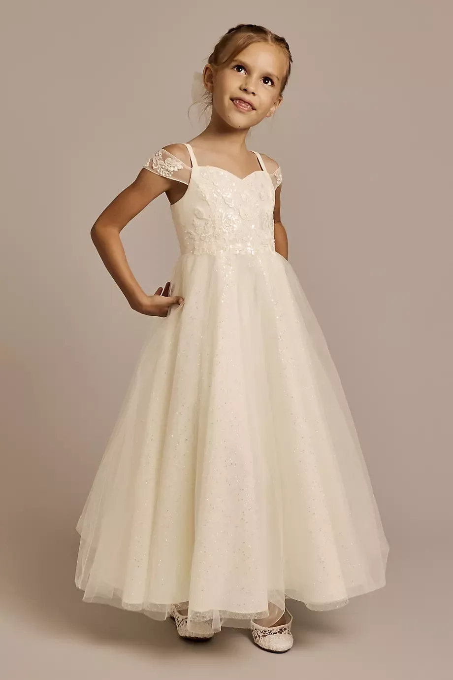 As Is Off-The-Shoulder Lace And Tulle Flower Girl in Ivory Size: 7 David's Bridal