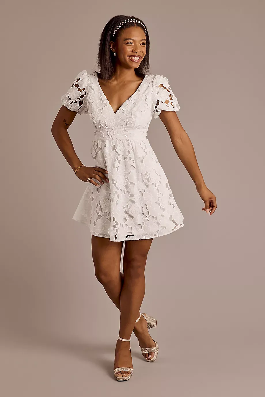 Crystal Doll Eyelet Lace V-Neck Short Dress With Tie Back in White Size: Large David's Bridal