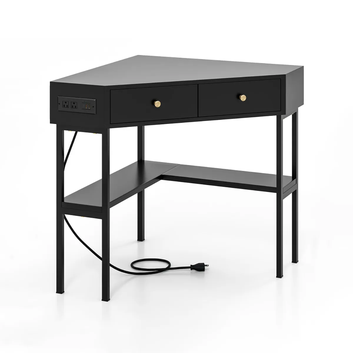 Corner Desk with Built-In Charging Station - Black