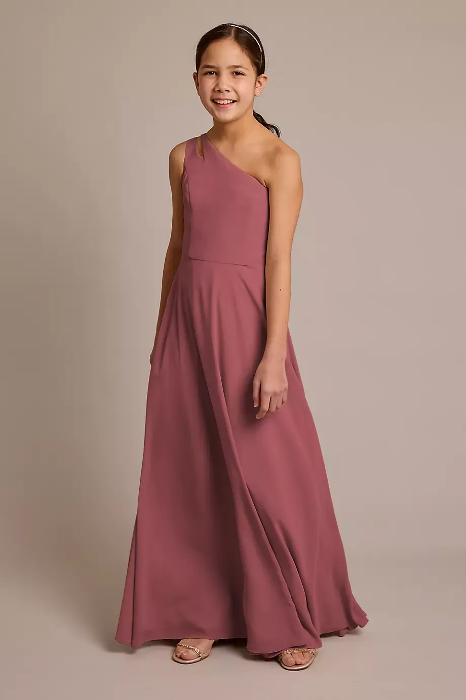 Celebrate DB Studio Chiffon One-Shoulder Junior Dress in Chianti Size: 16 David's Bridal