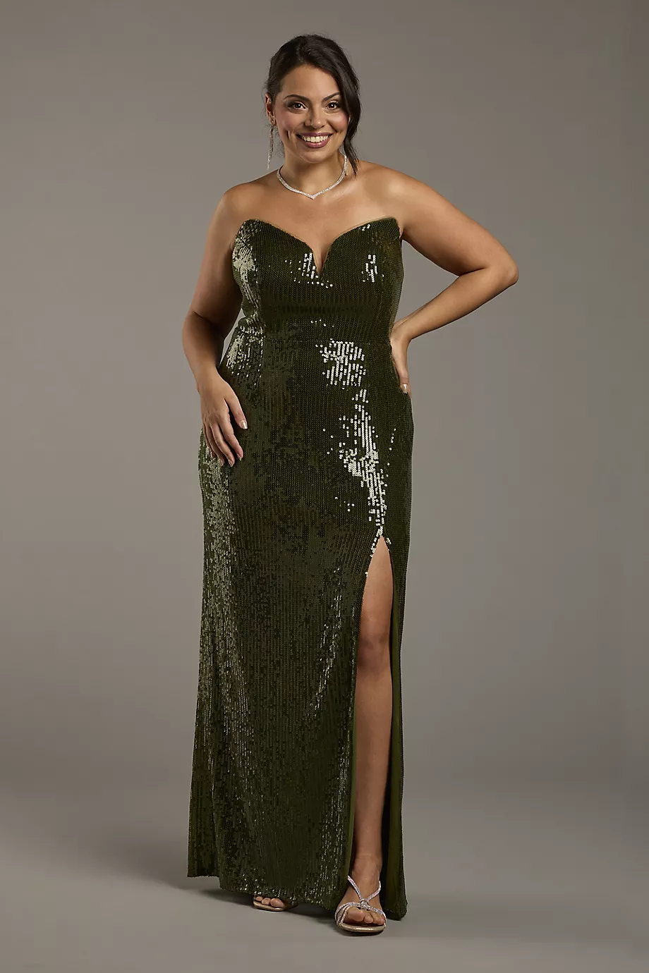 Galina Signature Strapless Sequin Notch Neckline Sheath Dress in Martini Olive Size: 6 David's Bridal