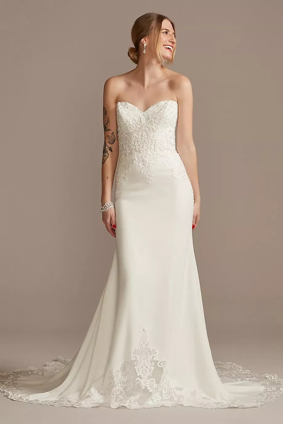 Galina Signature Lace Sheer Beaded Bodice Plus Size Wedding Dress in Soft White Size: 6P David's Bridal