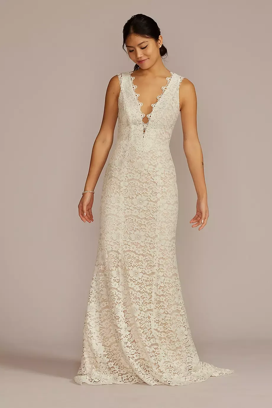 DB Studio Allover Lace Tank Wedding Gown With V-Back Detail in Ivory/Stone Size: 6 David's Bridal